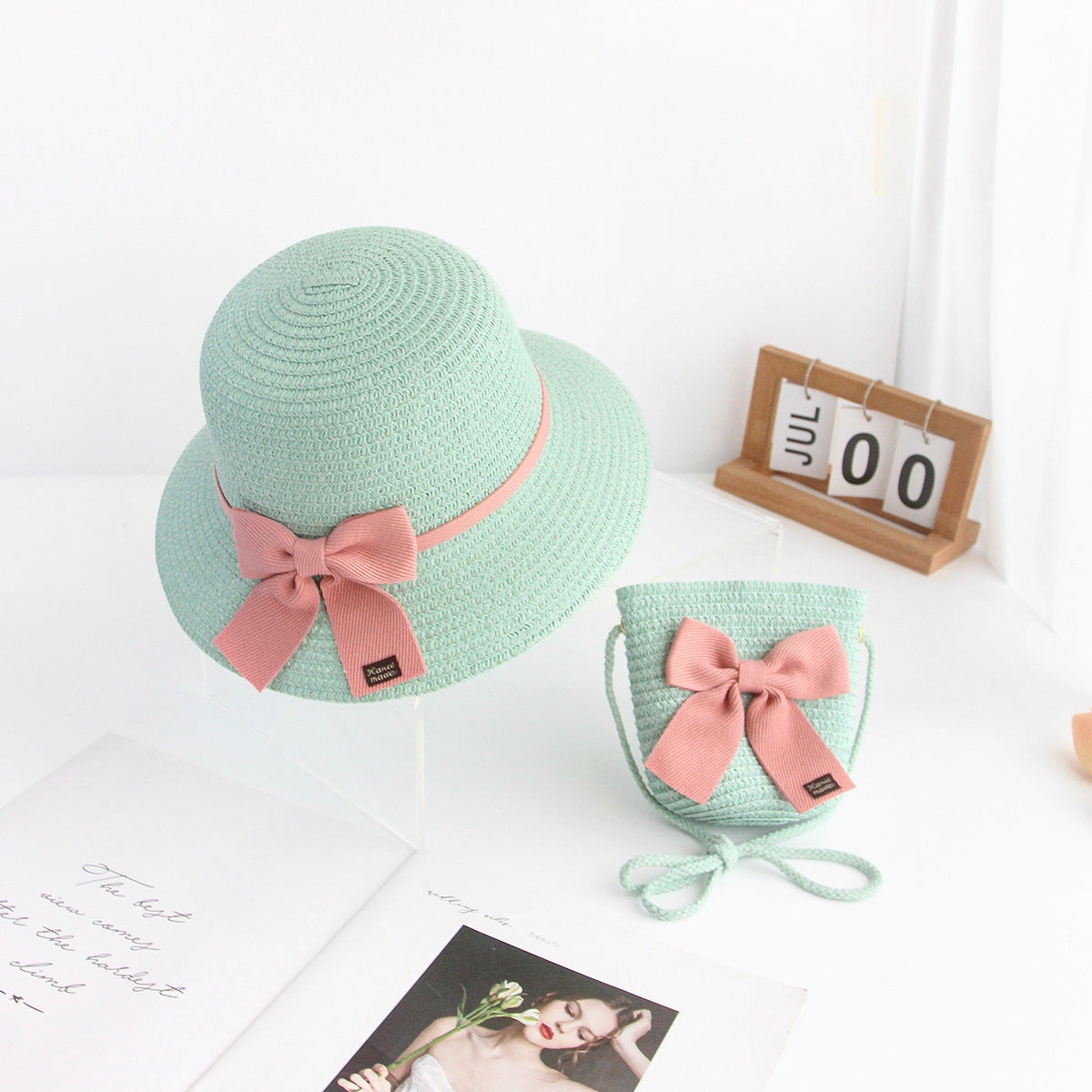 Straw Sun Hat for Kids Lace Bow 2-Piece Set