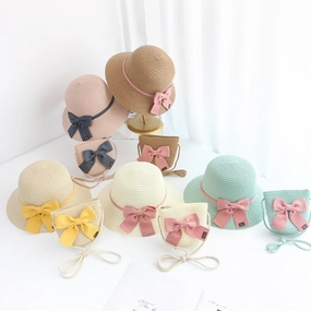 Straw Sun Hat for Kids Lace Bow 2-Piece Set
