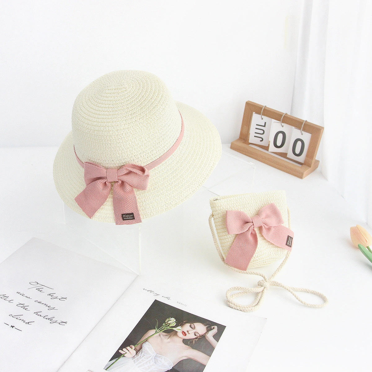 Straw Sun Hat for Kids Lace Bow 2-Piece Set