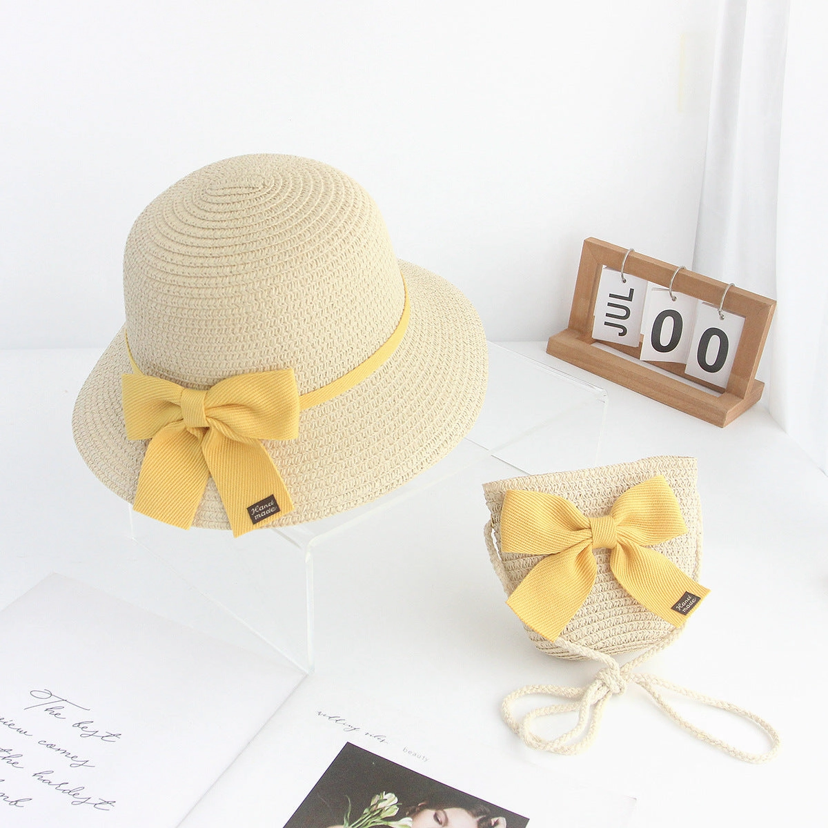 Straw Sun Hat for Kids Lace Bow 2-Piece Set