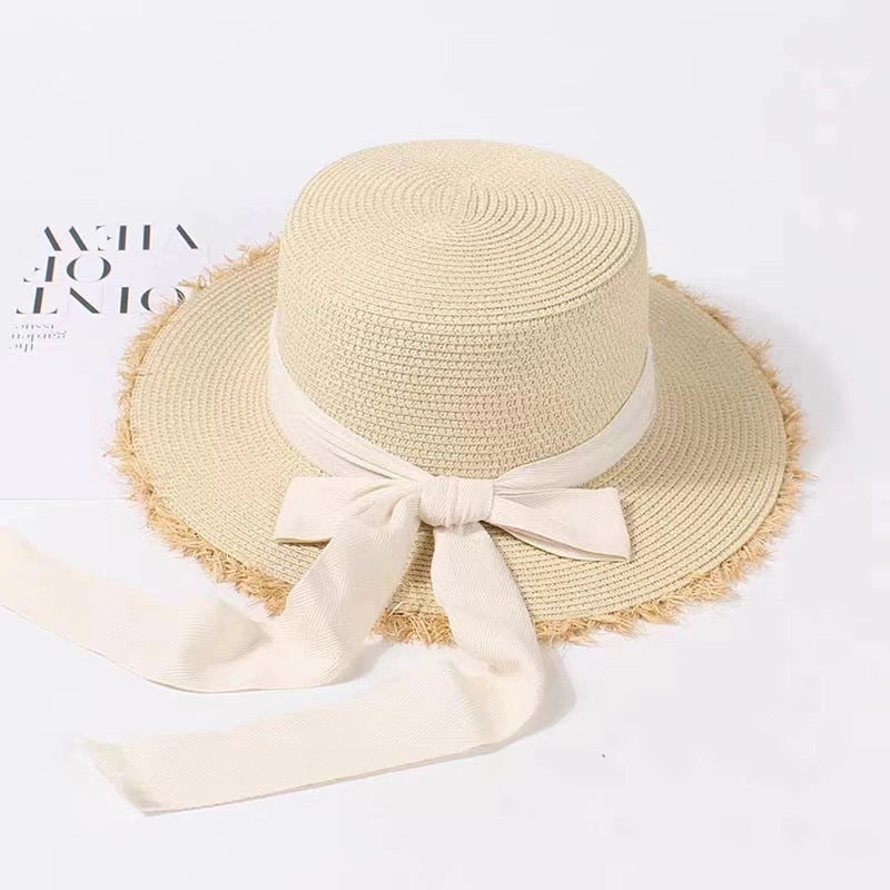 Summer Raffia Hat French Flat Top Beach Sun Protection