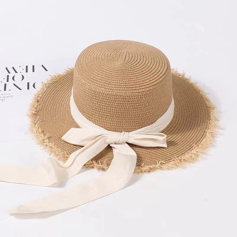 Summer Raffia Hat French Flat Top Beach Sun Protection