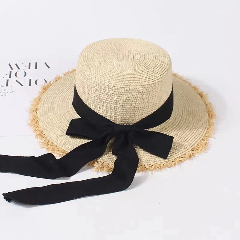 Summer Raffia Hat French Flat Top Beach Sun Protection
