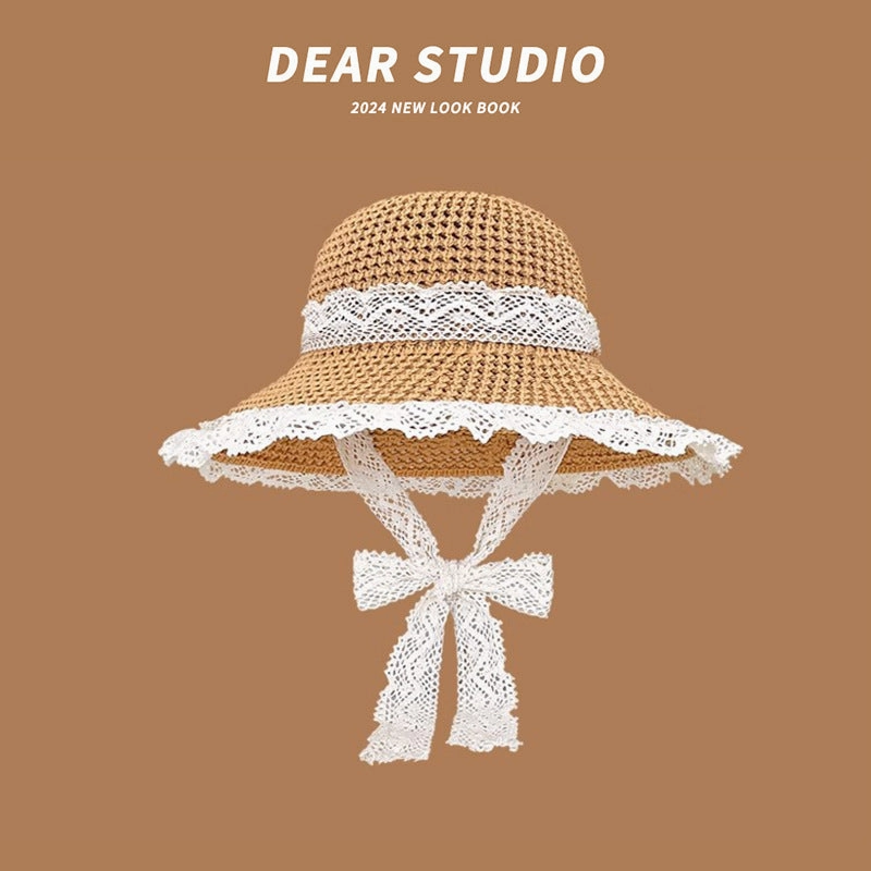 Summer Wide-Brim Straw Hat UV Protection Beach Vacation French Bow