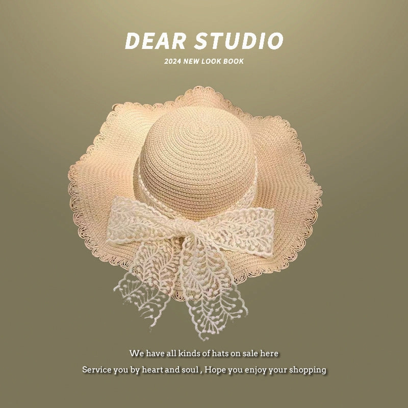 Summer Wide-Brim Straw Hat UV Protection Beach Vacation French Bow