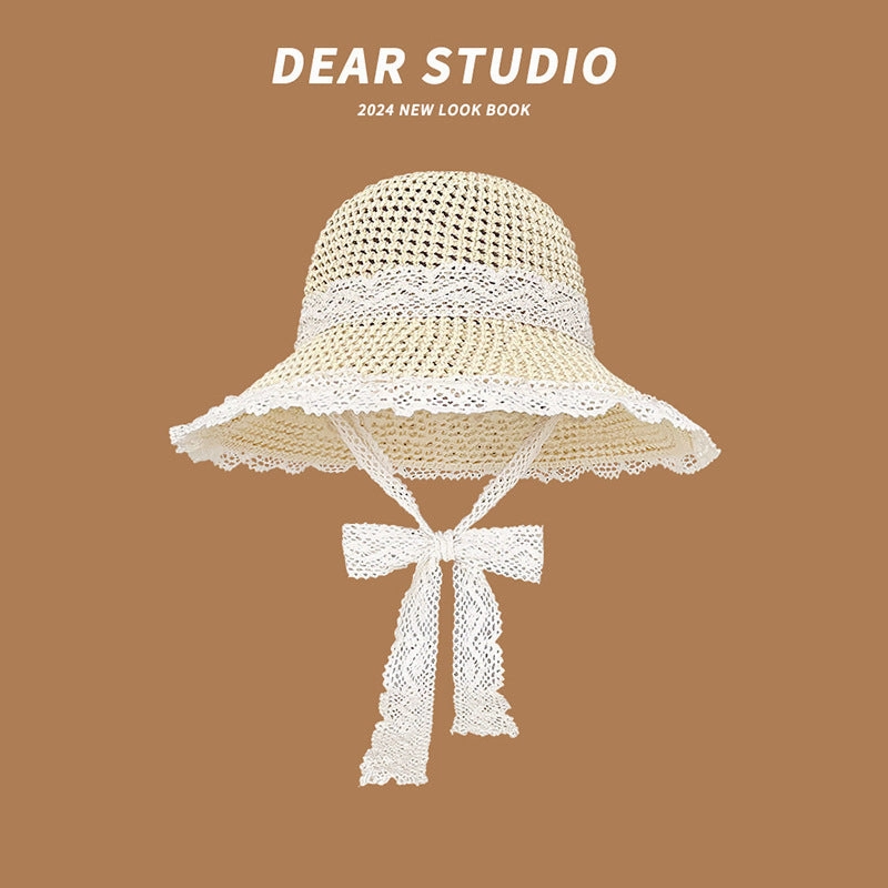 Summer Wide-Brim Straw Hat UV Protection Beach Vacation French Bow