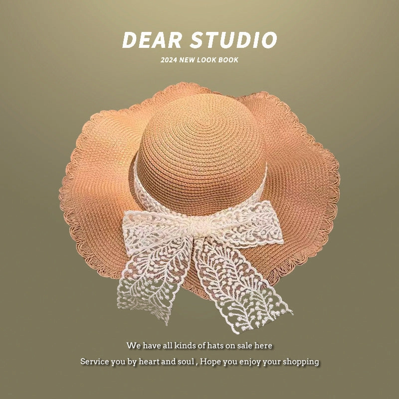 Summer Wide-Brim Straw Hat UV Protection Beach Vacation French Bow