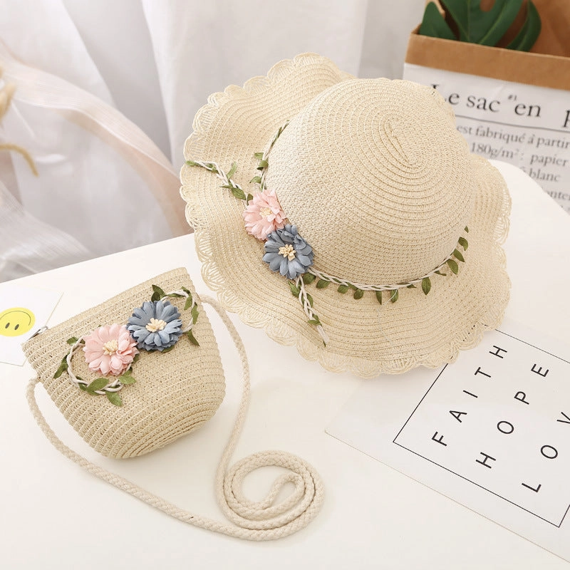 Sun Hat Girls' New Summer Straw Bag Set UV Princess Baby