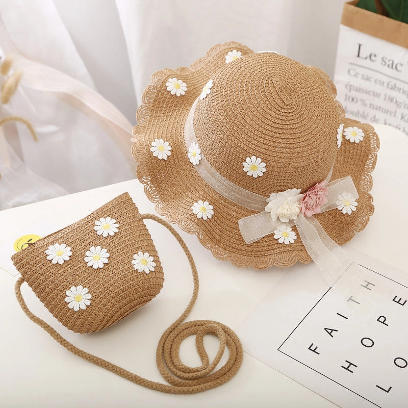 Sun Hat Girls' New Summer Straw Bag Set UV Princess Baby