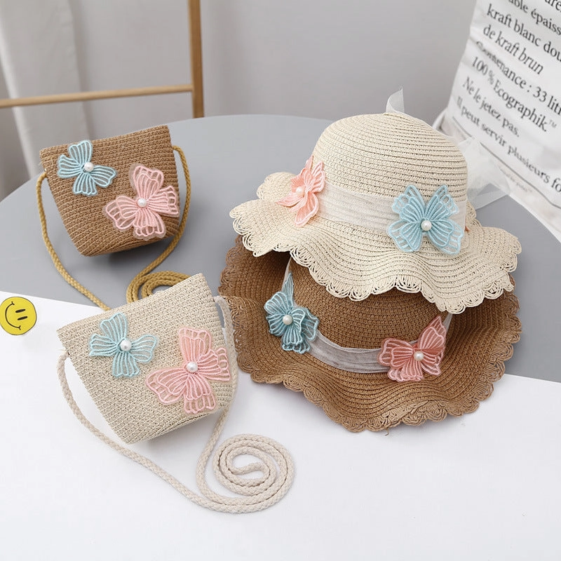 Sun Hat Summer Girls' Sun Protection Straw Bag Set Baby Stylish Lace Princess