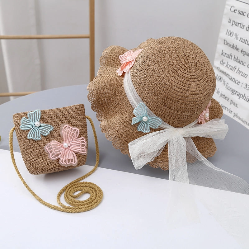 Sun Hat Summer Girls' Sun Protection Straw Bag Set Baby Stylish Lace Princess