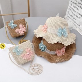 Sun Hat Summer Girls' Sun Protection Straw Bag Set Baby Stylish Lace Princess
