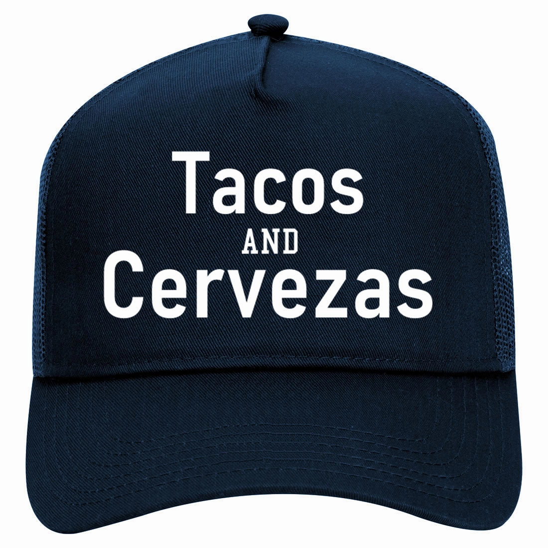 Tacos And Cervezas Cinco De Mayo Retro Adult 5 Panel Mesh Trucker Hat