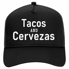 Tacos And Cervezas Cinco De Mayo Retro Adult 5 Panel Mesh Trucker Hat