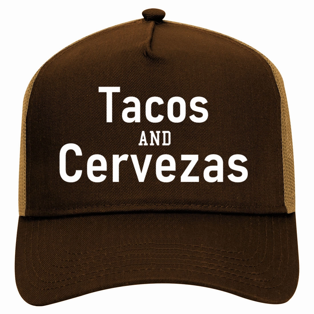Tacos And Cervezas Cinco De Mayo Retro Adult 5 Panel Mesh Trucker Hat