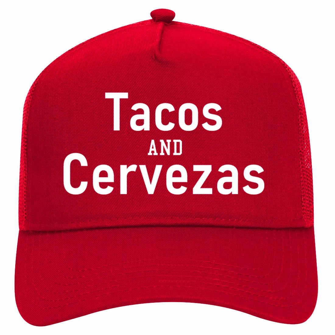 Tacos And Cervezas Cinco De Mayo Retro Adult 5 Panel Mesh Trucker Hat
