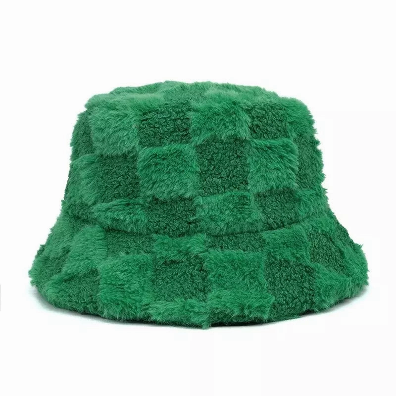 Vintage Plaid Fur Bucket Hat