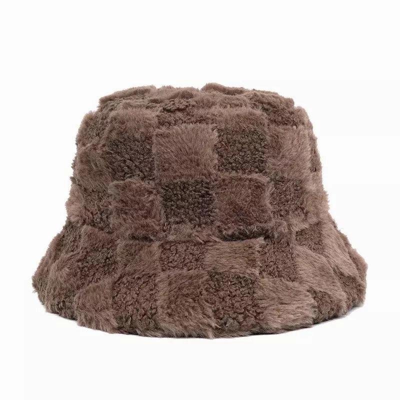 Vintage Plaid Fur Bucket Hat