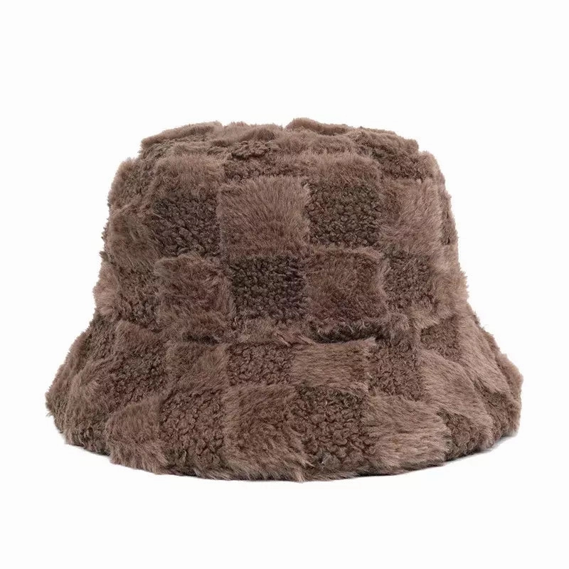 Vintage Plaid Fur Bucket Hat