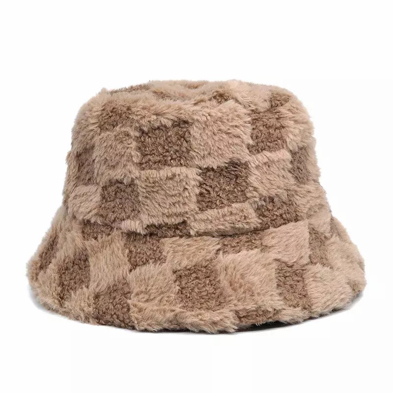 Vintage Plaid Fur Bucket Hat