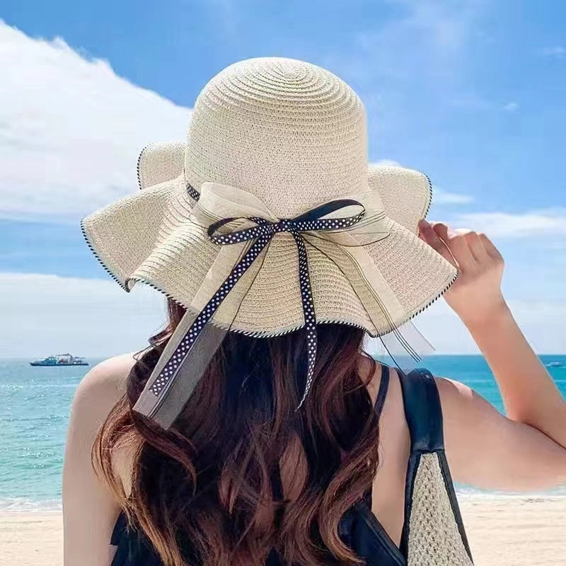 Wave-Edge Bow Wide-Brim Hat