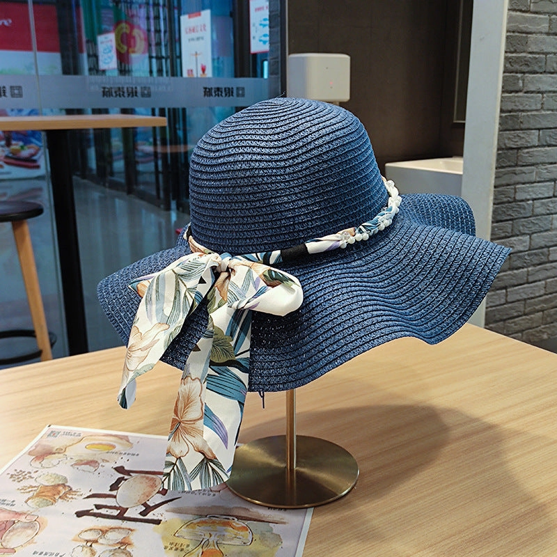 Wavy Edge Bow Straw Hat Summer Large Brim UV Protection