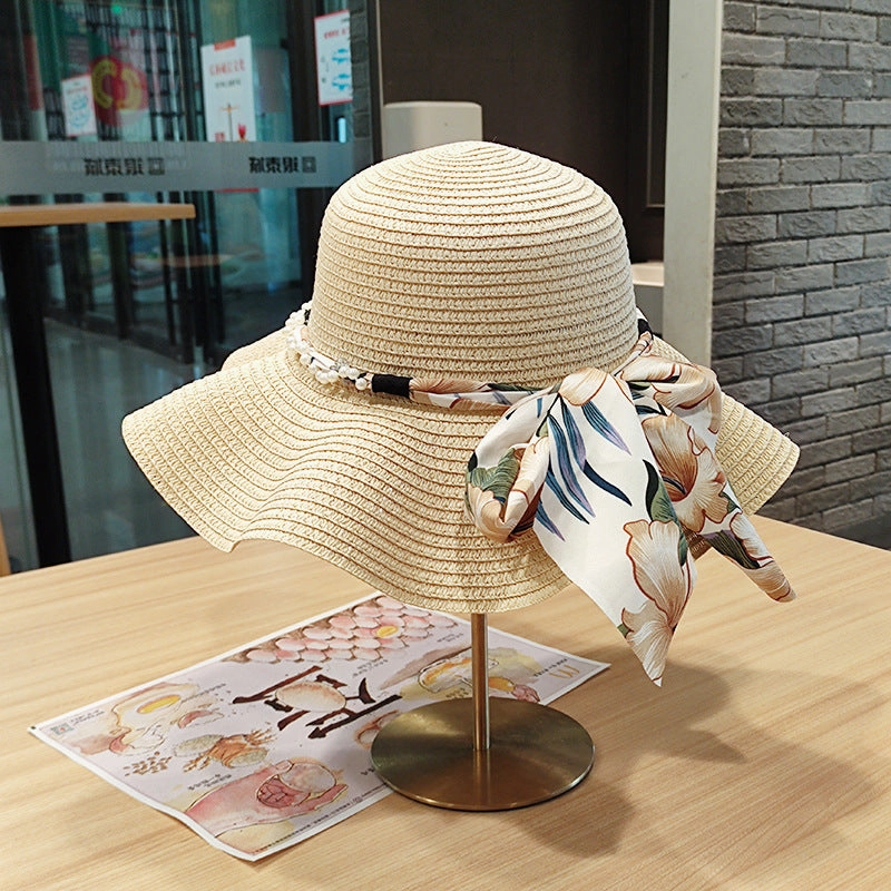 Wavy Edge Bow Straw Hat Summer Large Brim UV Protection