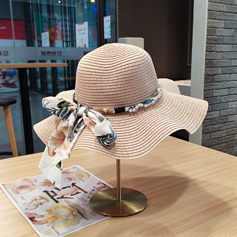 Wavy Edge Bow Straw Hat Summer Large Brim UV Protection