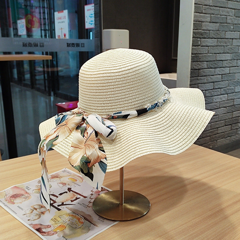Wavy Edge Bow Straw Hat Summer Large Brim UV Protection
