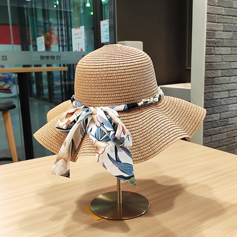 Wavy Edge Bow Straw Hat Summer Large Brim UV Protection
