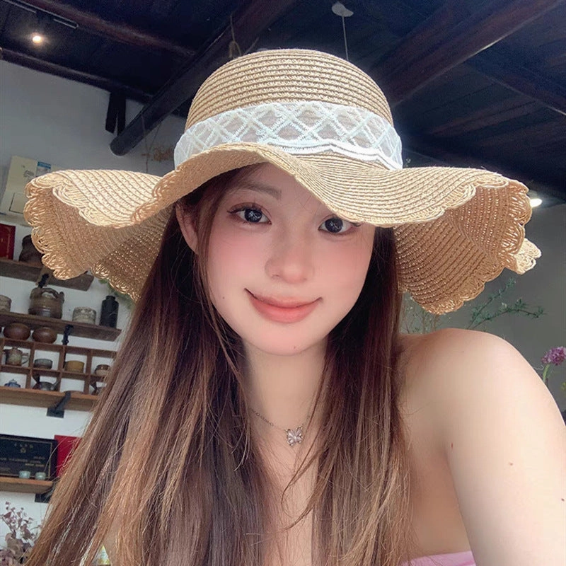 Wavy Edge Lace Bow Sun Hat