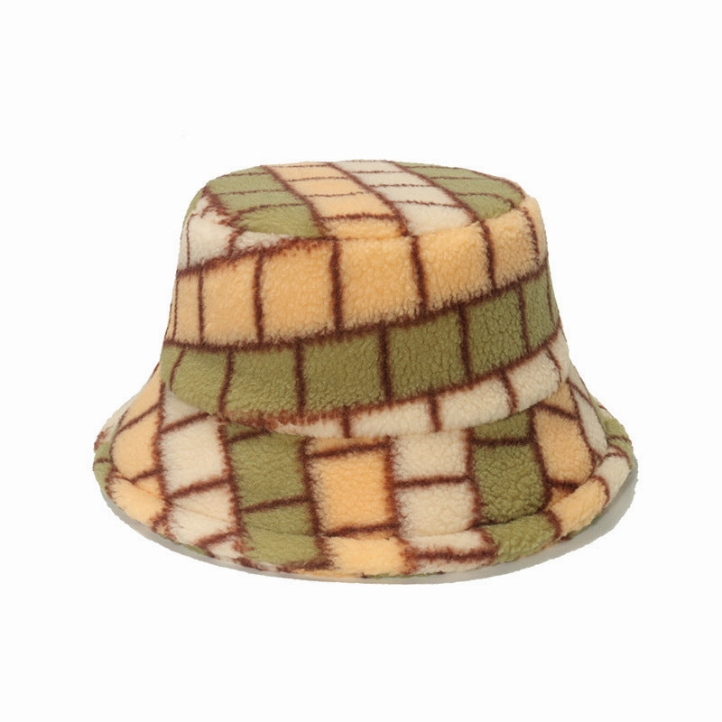 Wholesale 2023 Autumn and Winter Colorful Square Plaid Lamb Wool Bucket Hat