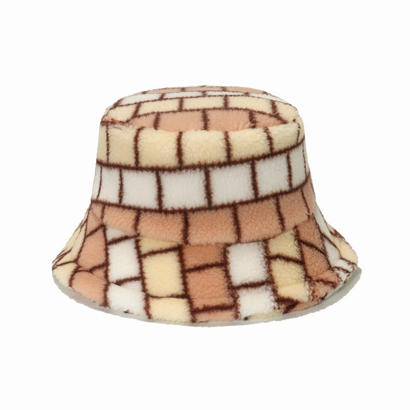 Wholesale 2023 Autumn and Winter Colorful Square Plaid Lamb Wool Bucket Hat