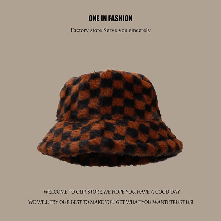 Wholesale Black and White Checkered Plush Bucket Hat