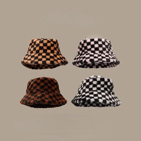 Wholesale Black and White Checkered Plush Bucket Hat