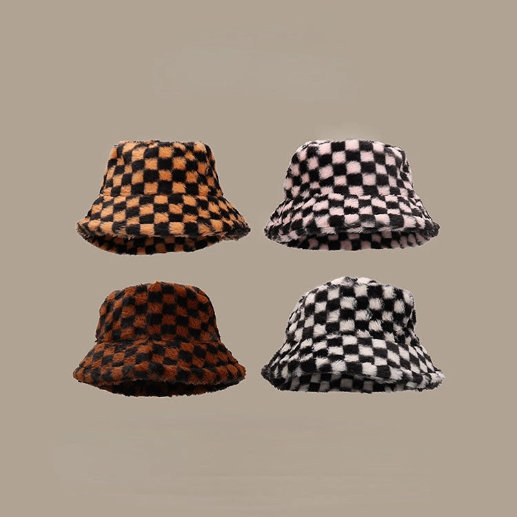 Wholesale Black and White Checkered Plush Bucket Hat