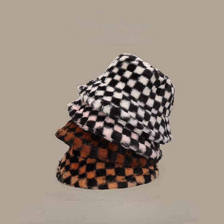 Wholesale Black and White Checkered Plush Bucket Hat