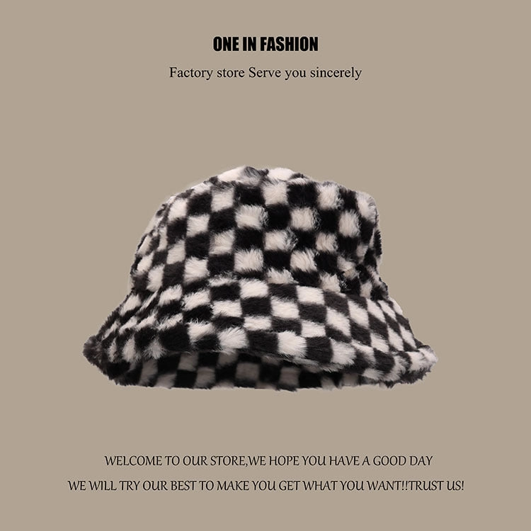 Wholesale Black and White Checkered Plush Bucket Hat