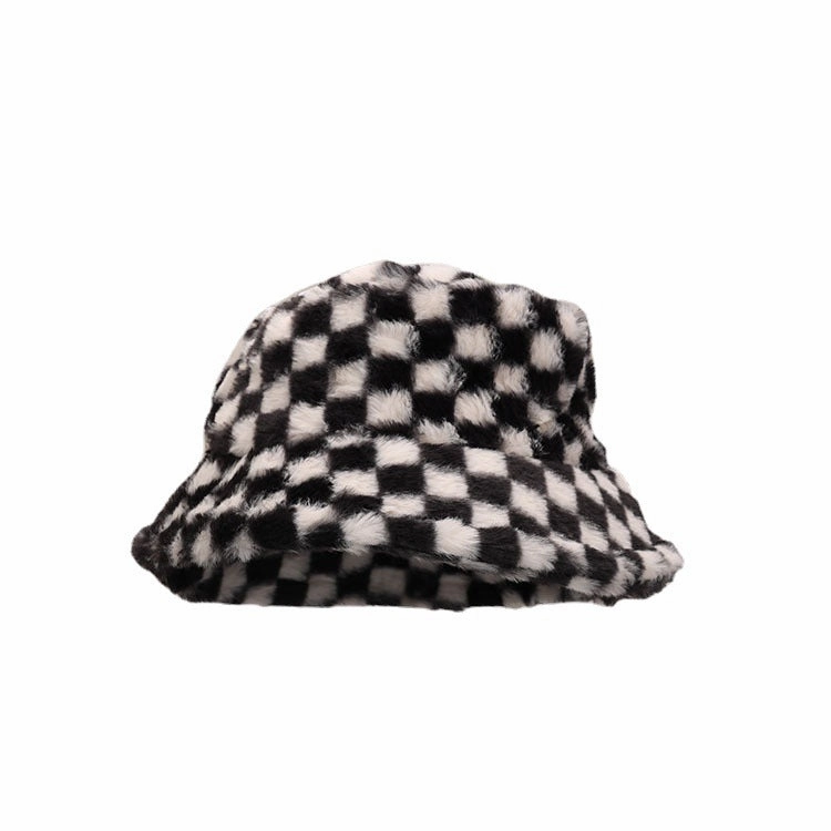 Wholesale Black and White Checkered Plush Bucket Hat