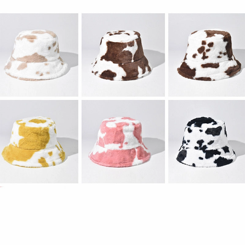 Wholesale Black and White Cow Pattern Plush Bucket Hat