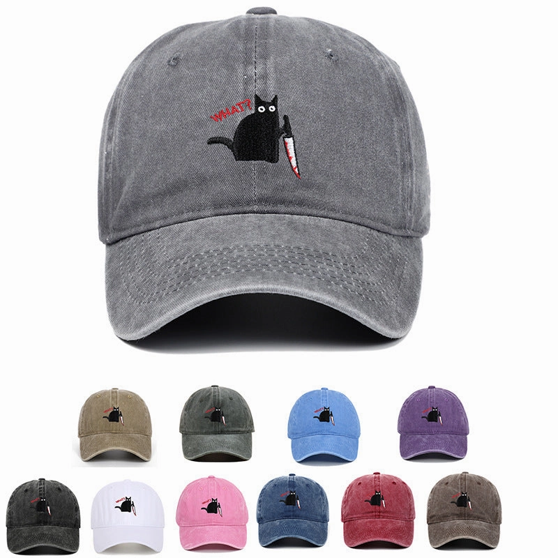Wholesale Black Cat Knife Embroidered Baseball Cap Cotton Old Washed Baseball Cap
