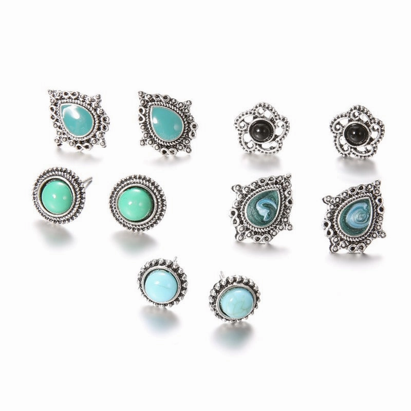 Wholesale Blue Dazzling Turquoise Gemstones Bohemian Style Stud Earrings