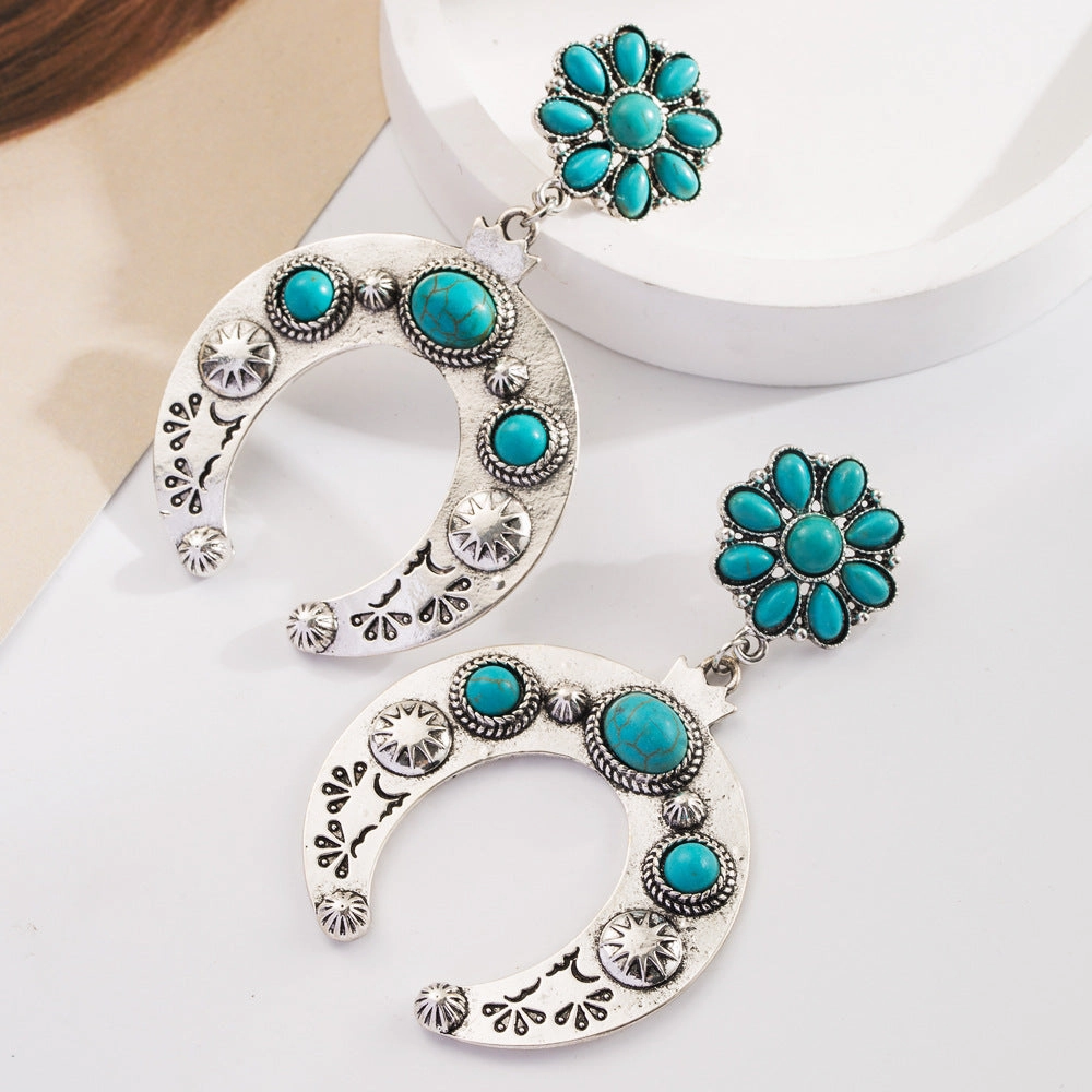 Wholesale Bohemian Ethnic Turquoise Milk Leather Diamond Hollow Earrings