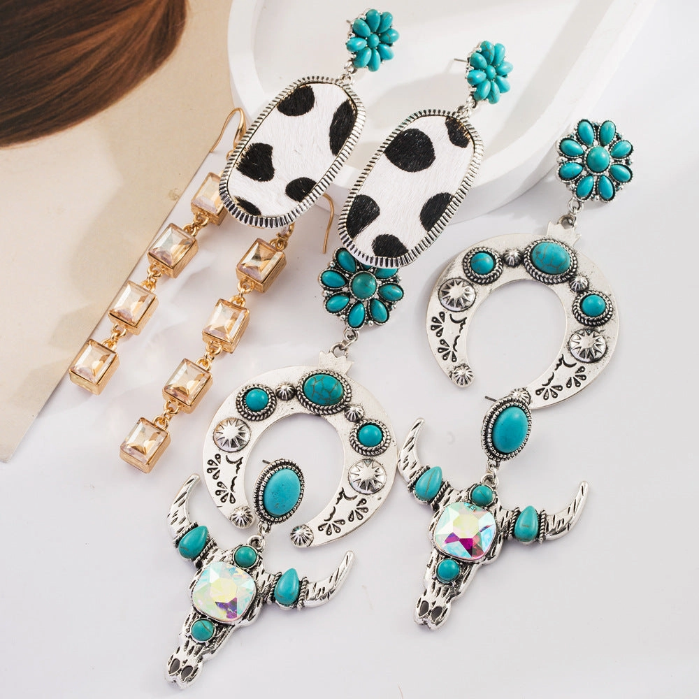 Wholesale Bohemian Ethnic Turquoise Milk Leather Diamond Hollow Earrings