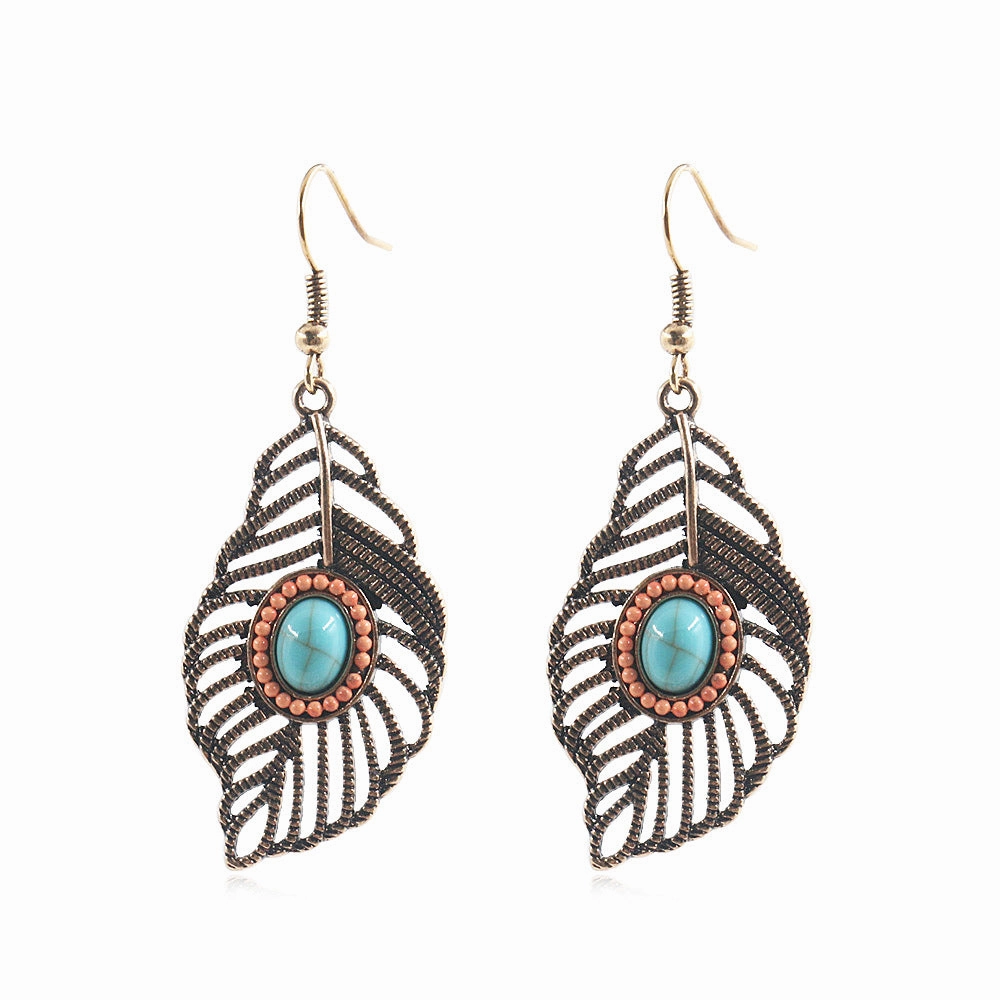 Wholesale Bohemian Hollow Tree Leaf Inlaid Turquoise Drop Earrings