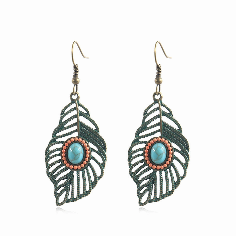 Wholesale Bohemian Hollow Tree Leaf Inlaid Turquoise Drop Earrings