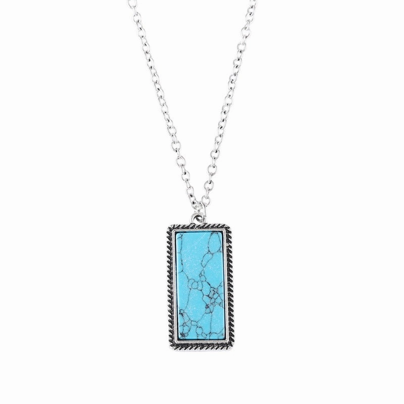 Wholesale Bohemian Inlaid Rectangular Turquoise Geometric Pendant Earrings Necklace Set