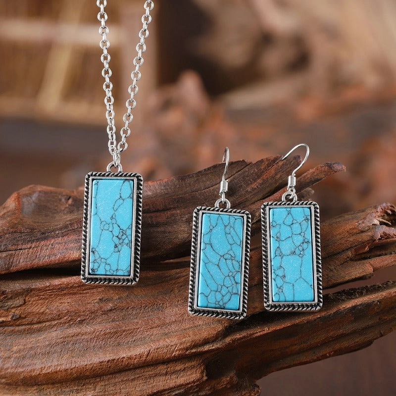 Wholesale Bohemian Inlaid Rectangular Turquoise Geometric Pendant Earrings Necklace Set