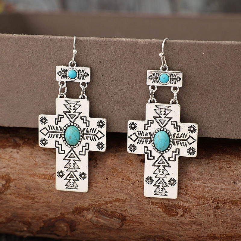 Wholesale Bohemian Retro Cross Inlaid Turquoise Long Alloy Ethnic Style Earrings