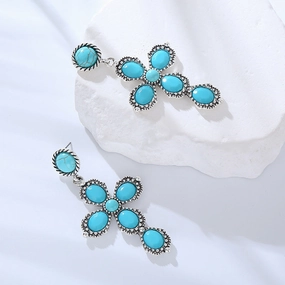 Wholesale Bohemian Retro Ethnic Style Alloy Turquoise Cross Earrings